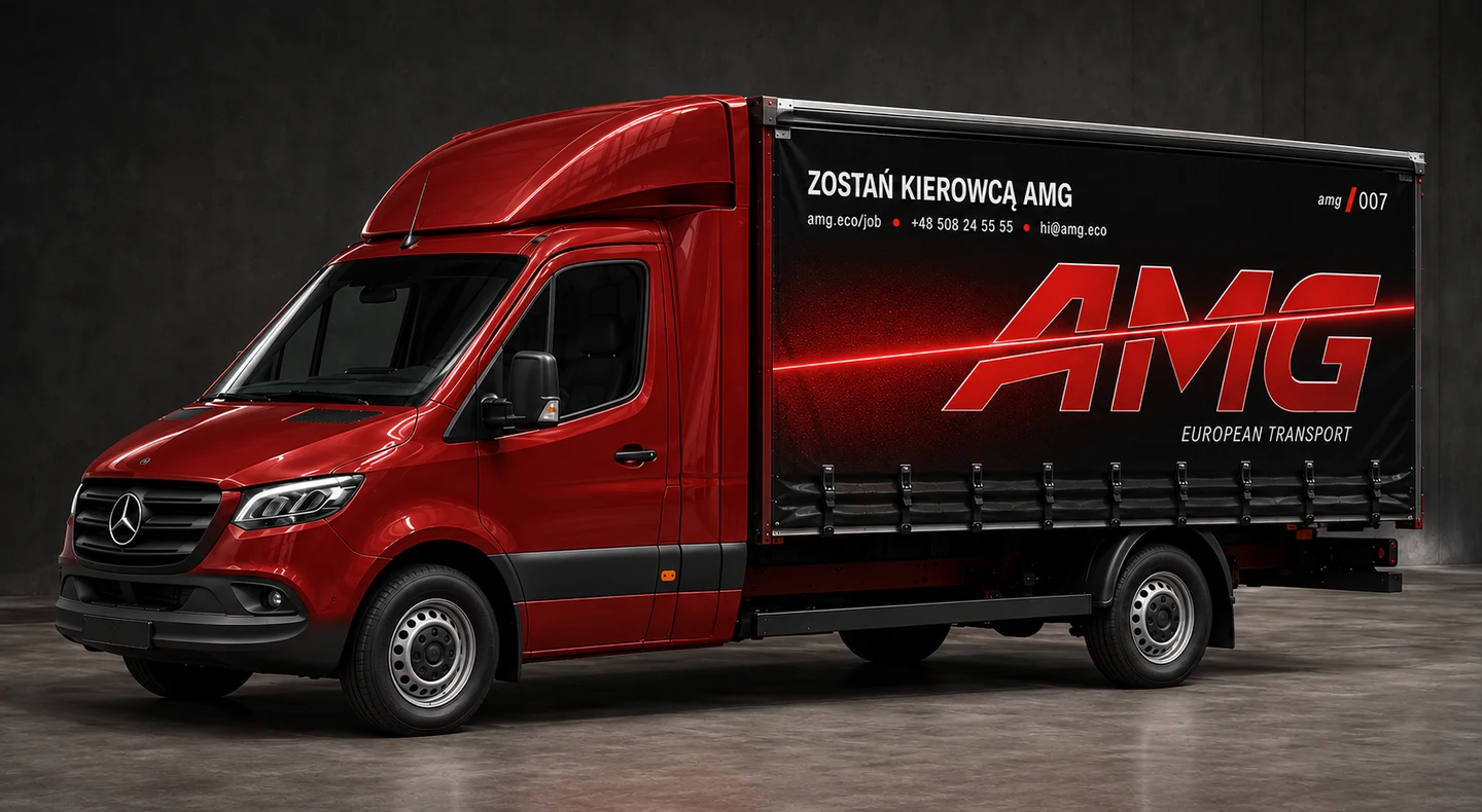 Wizualizacja projektowa Mercedesa Sprintera 007 z nową czerwoną identyfikacją AMG Trans.